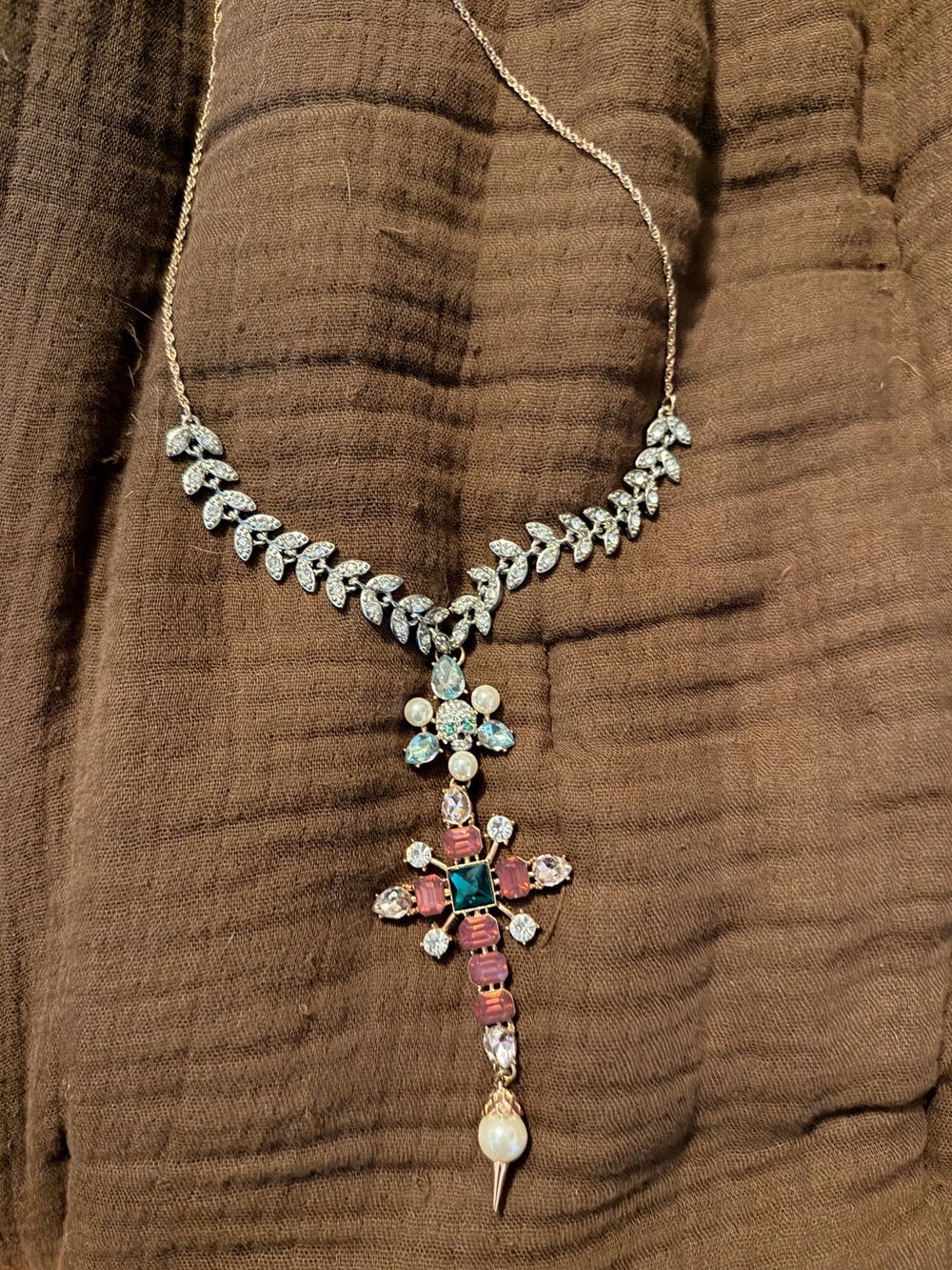 Betsey Johnson Mixed Metal Cross Pendant Necklace with Pearls and Stones - Picture 3 of 3